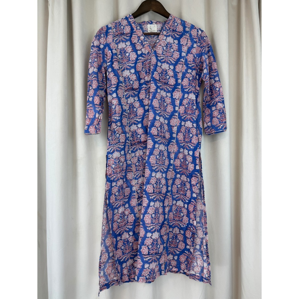 Folk Song‎ Periwinkle Blue Pink Floral Kurta Tunic Dress – Size M
